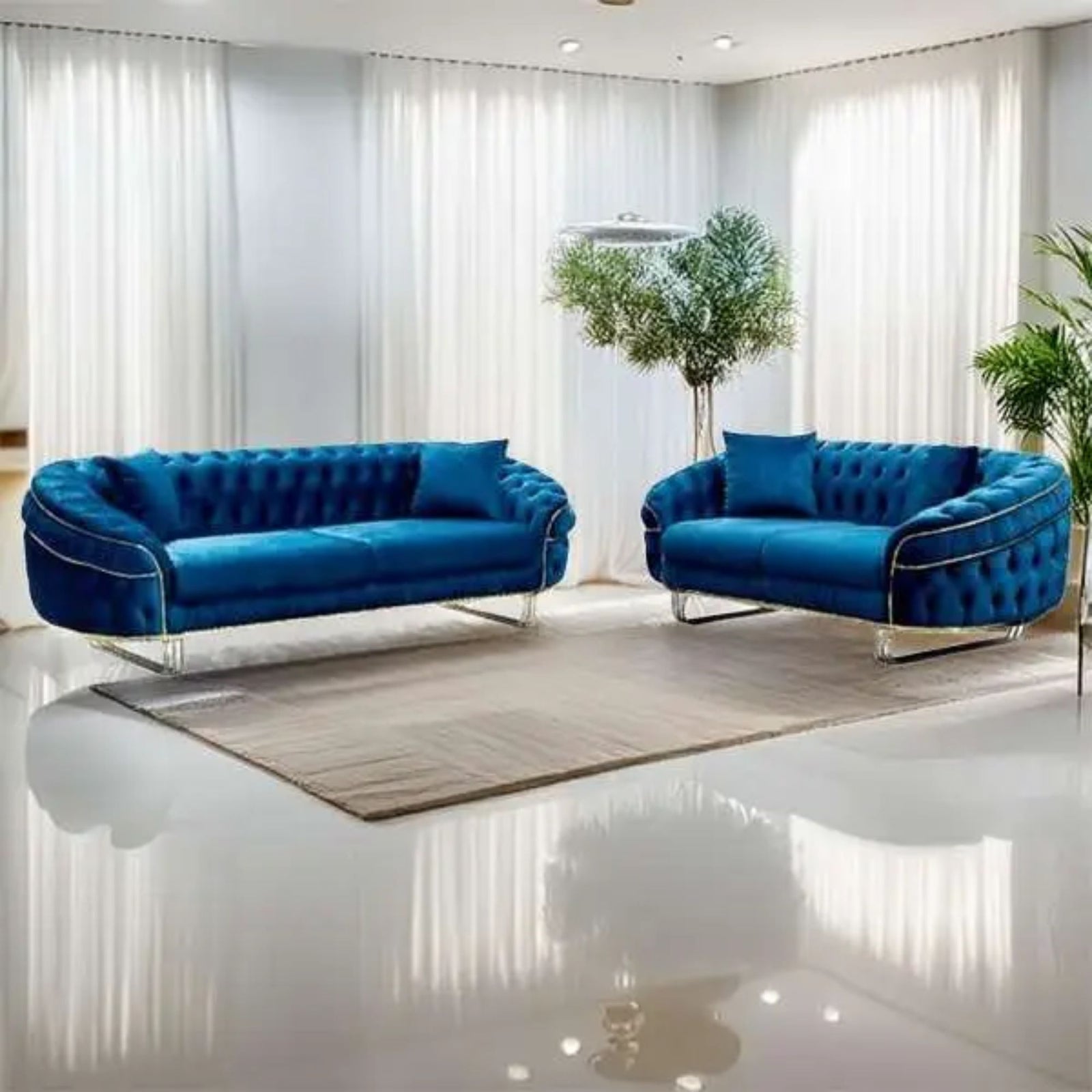 CHOICEWARDROBE Cammen 3+2 Plush Velvet Chesterfield Sofa Set in Blue – image 1