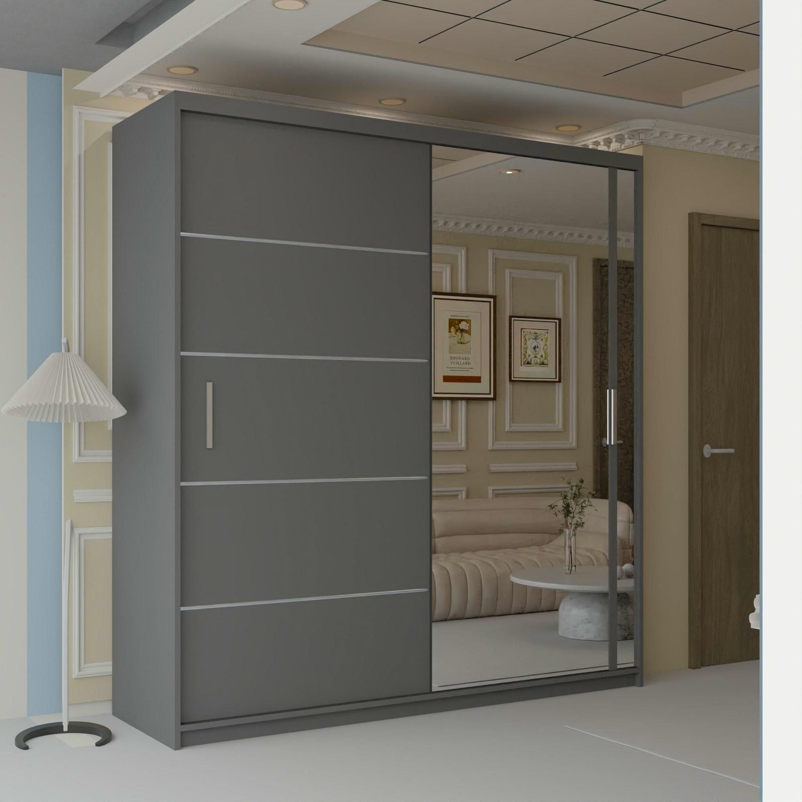 CHOICEWARDROBE Velson One side Mirror Sliding Door Wardrobe 180cm X 217cm in Grey – image 1