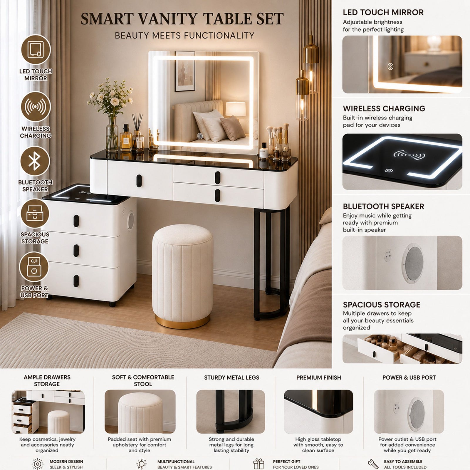 CHOICEWARDROBE Smart Vanity Dressing Table Set with LED Touch Mirror & Stool in White – image 3