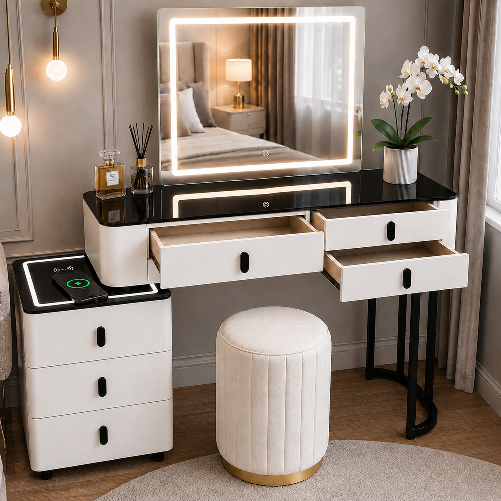 CHOICEWARDROBE Smart Vanity Dressing Table Set with LED Touch Mirror & Stool in White – image 4