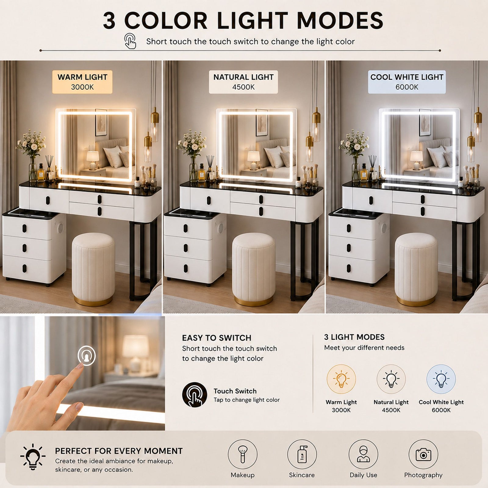 CHOICEWARDROBE Smart Vanity Dressing Table Set with LED Touch Mirror & Stool in White – image 6
