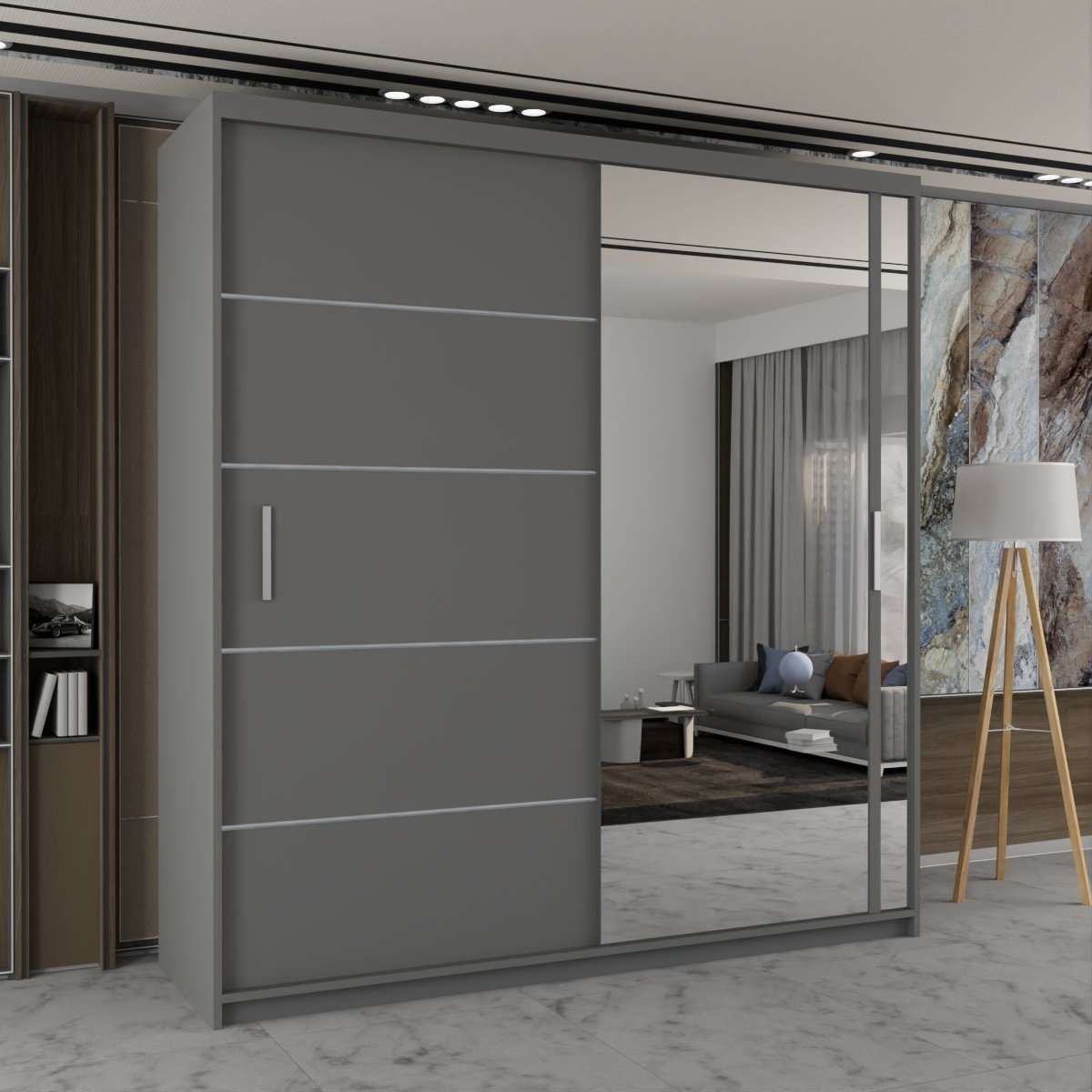 CHOICEWARDROBE Modern Double Sliding Wardrobe with LED Light W180cm x H217cm x D62cm in Grey – image 1
