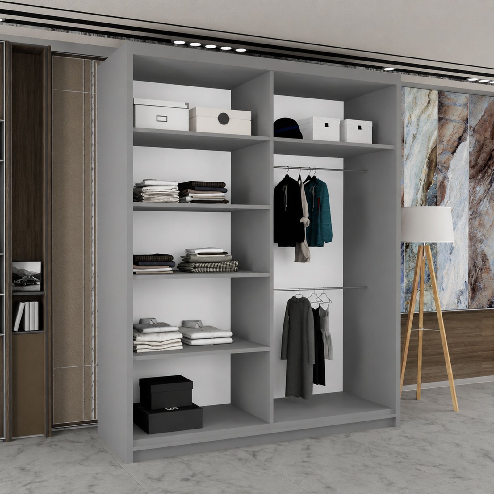 CHOICEWARDROBE Modern Double Sliding Wardrobe with LED Light W180cm x H217cm x D62cm in Grey – image 3