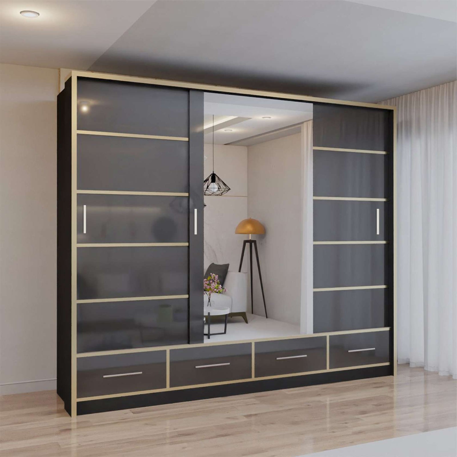 CHOICEWARDROBE Modern High Gloss Sliding Wardrobe with LED Light 253cm x 220cm in Black – image 1