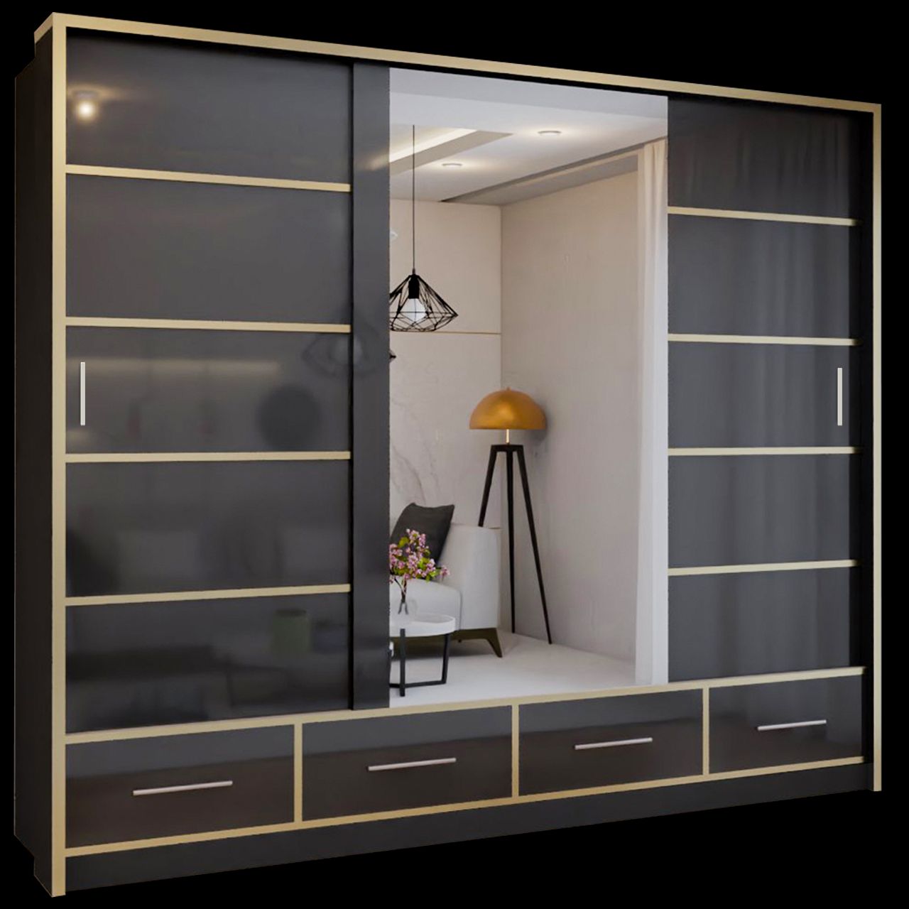 CHOICEWARDROBE Modern High Gloss Sliding Wardrobe with LED Light 253cm x 220cm in Black – image 2