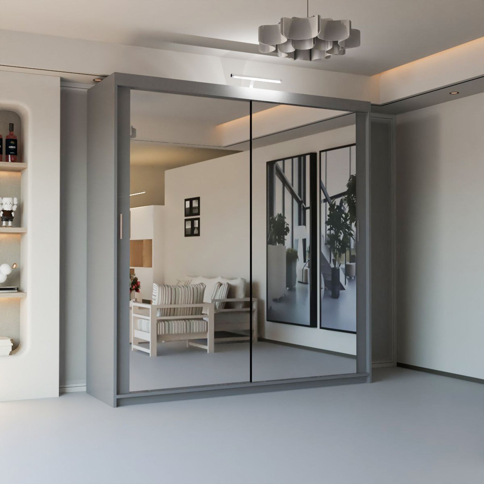 CHOICEWARDROBE Modern Mirror Sliding Wardrobe with Top LED Light W100cm x H217cm in Grey – image 1
