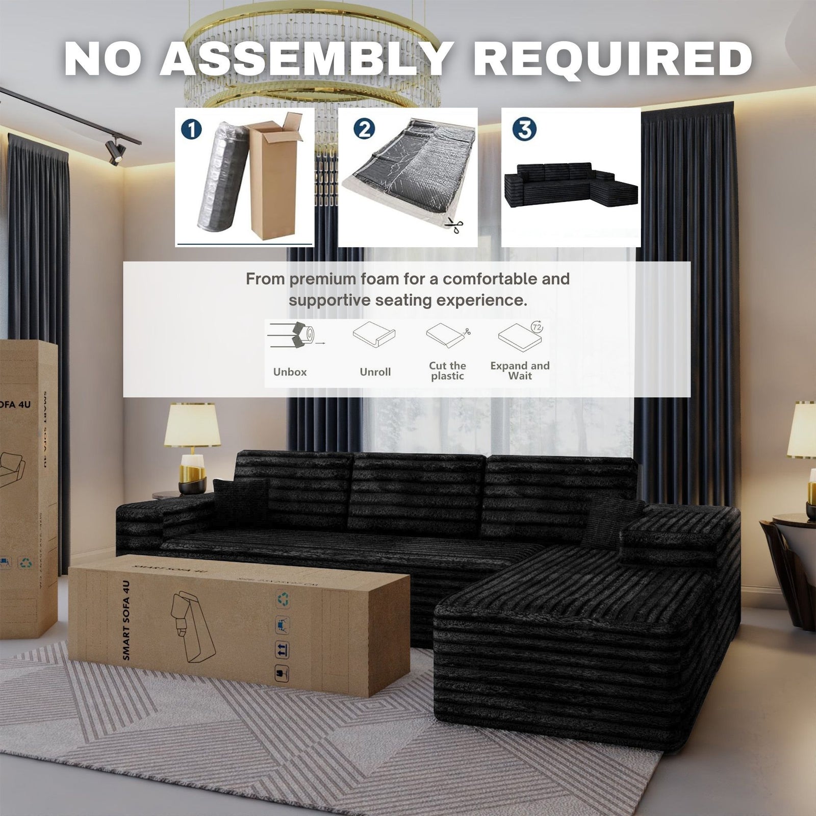 CHOICEWARDROBE Smart Right Corner Sofa – No Assembly Required in Black – image 1