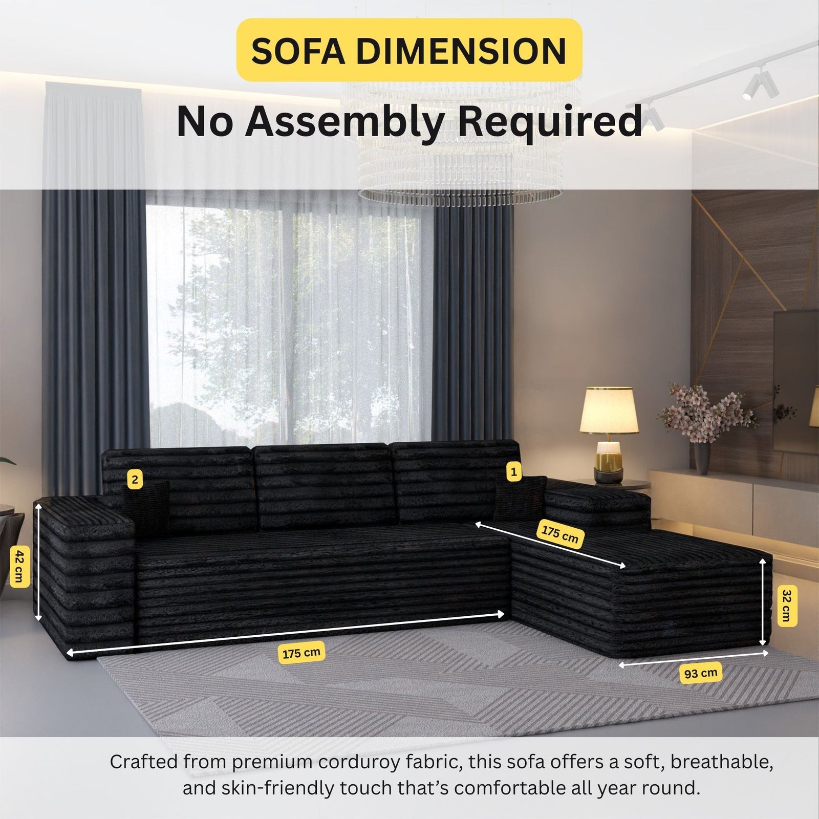 CHOICEWARDROBE Smart Right Corner Sofa – No Assembly Required in Black – image 3