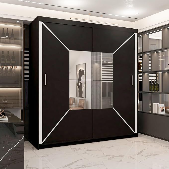 CHOICEWARDROBE Modern Double Sliding Wardrobe with LED Light W 180 x H 217 x D 62 in Black – image 1