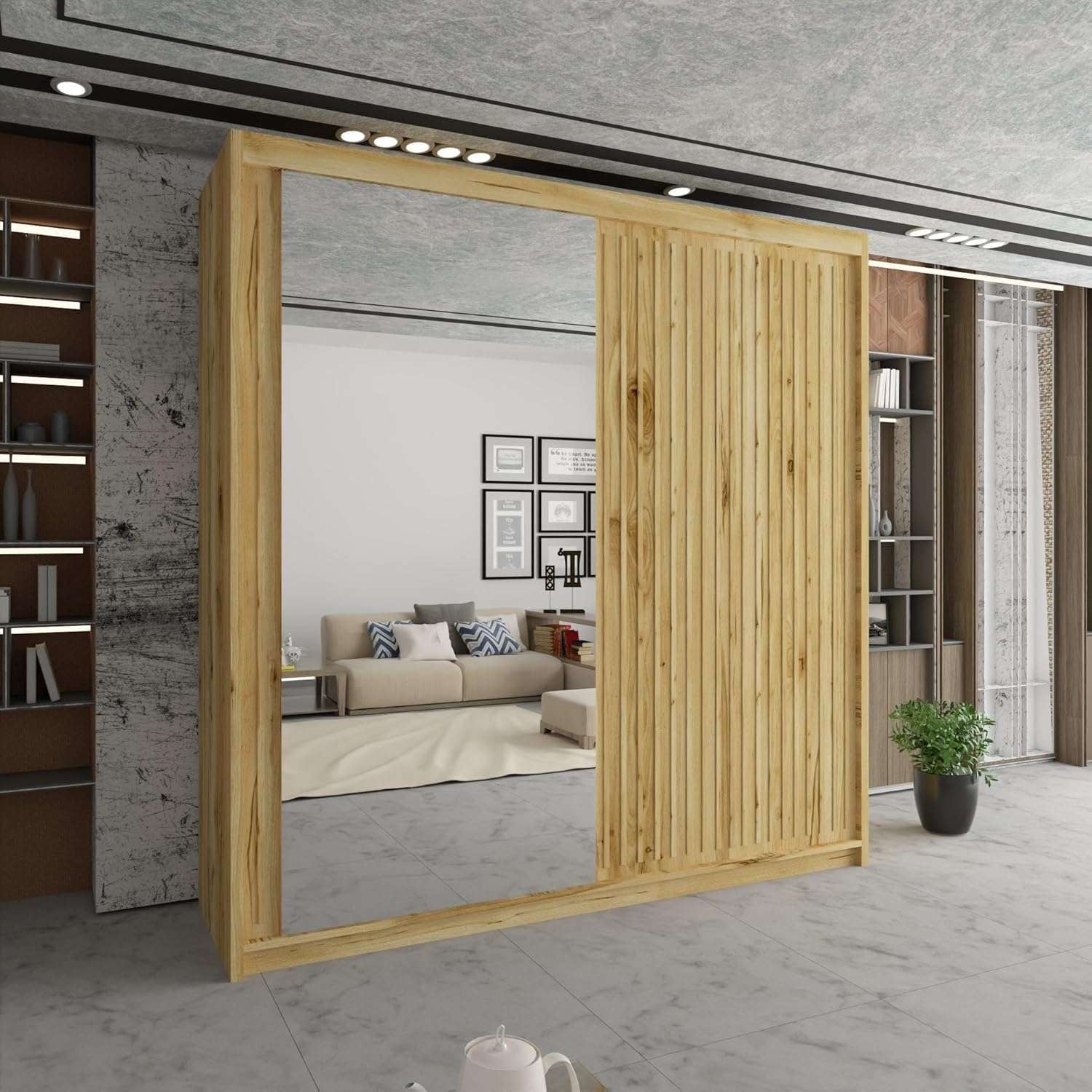 CHOICEWARDROBE Sleek Sliding Mirror Wardrobe with LED Various Sizes W150cm x H217cm in Brown – image 1