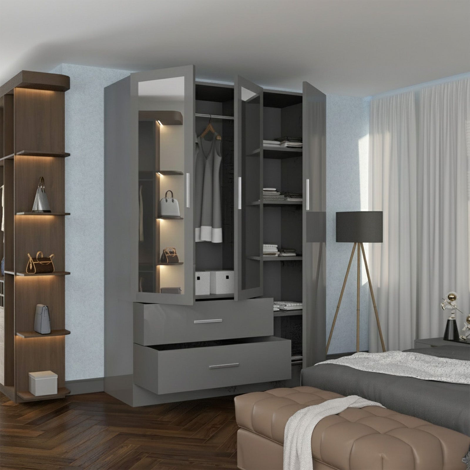 CHOICEWARDROBE Modern High Gloss 3 Door Hinged Wardrobe W120cm x H200cm in Grey – image 3