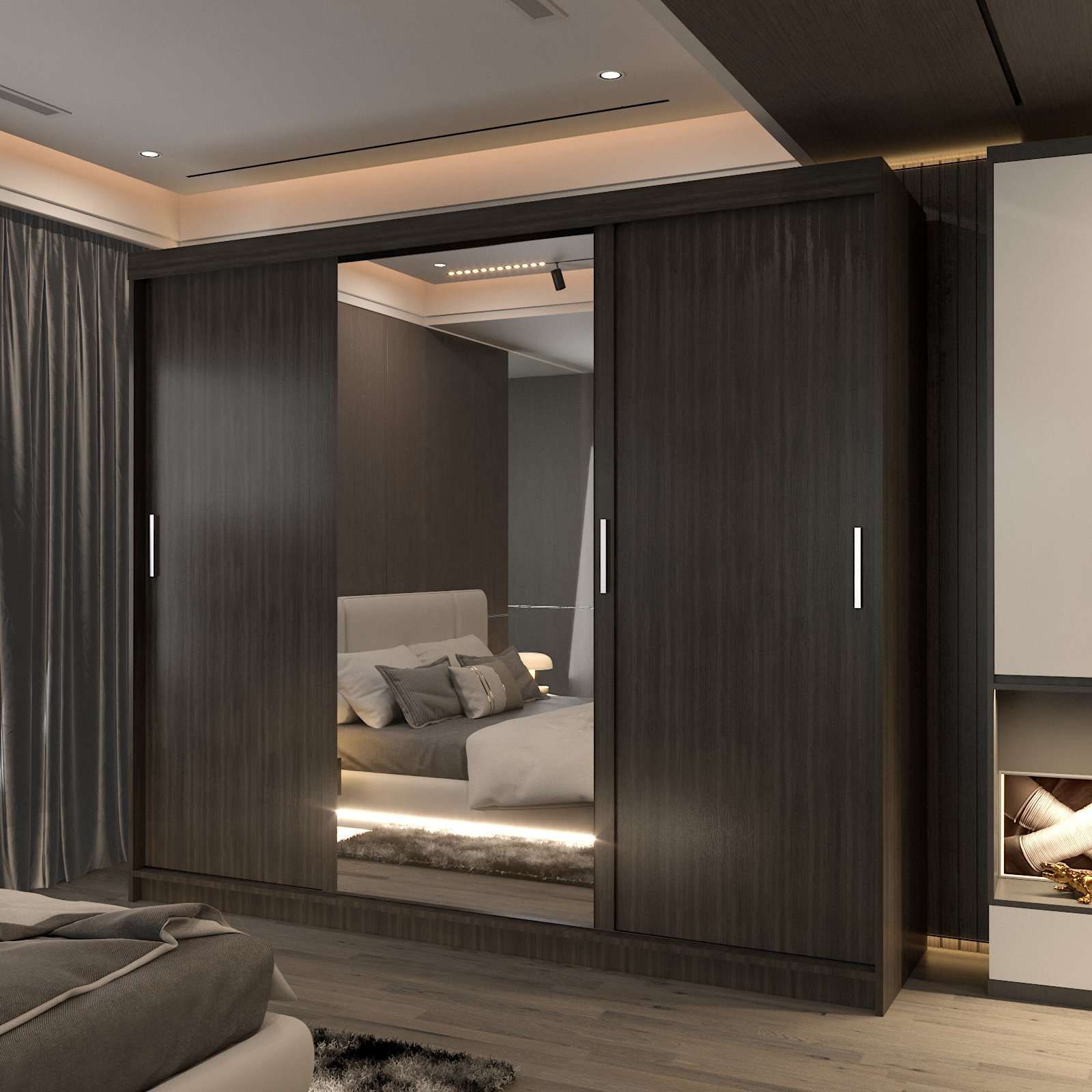 CHOICEWARDROBE Large Sliding Mirror Wardrobe with LED Modern Storage W250cm x H217cm in Dark Brown – image 1