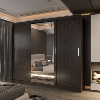 CHOICEWARDROBE Large Sliding Mirror Wardrobe with LED Modern Storage W250cm x H217cm in Dark Brown – image 1