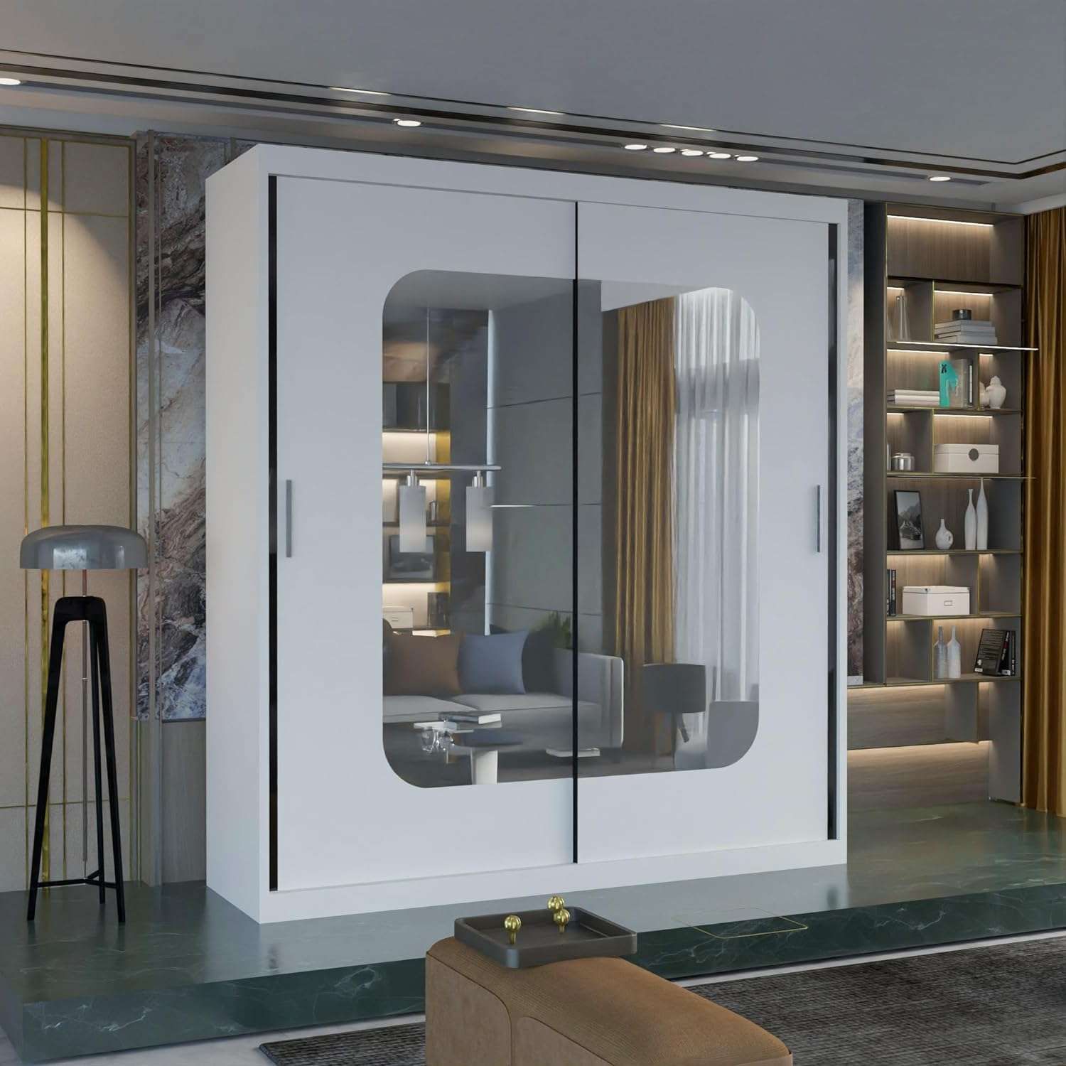 CHOICEWARDROBE Double Sliding Wardrobe with LED Light W150cm x H217cm x D62cm in White – image 1