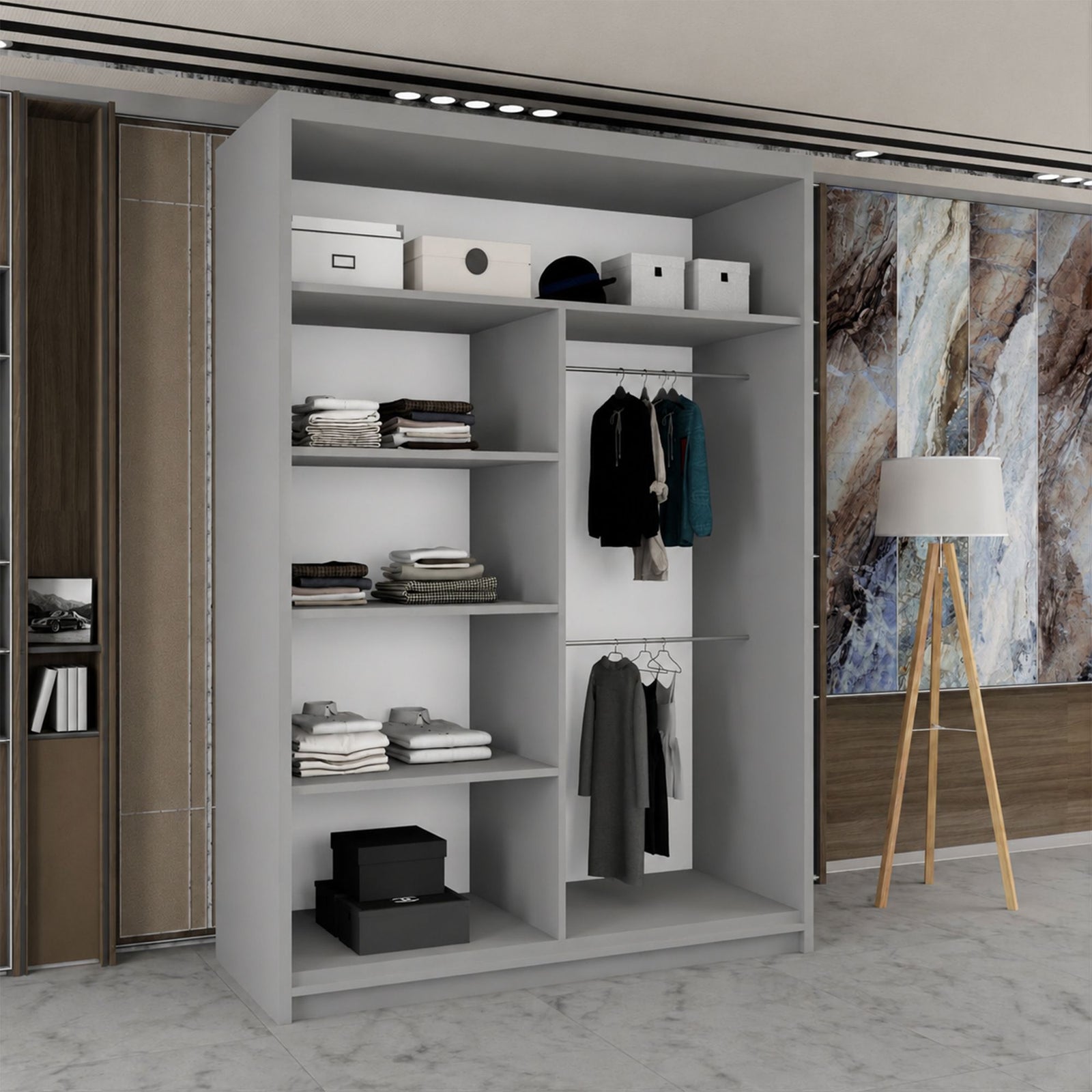 CHOICEWARDROBE Modern Double Sliding Wardrobe with LED Light W120cm x H217cm x D62cm in Grey – image 3