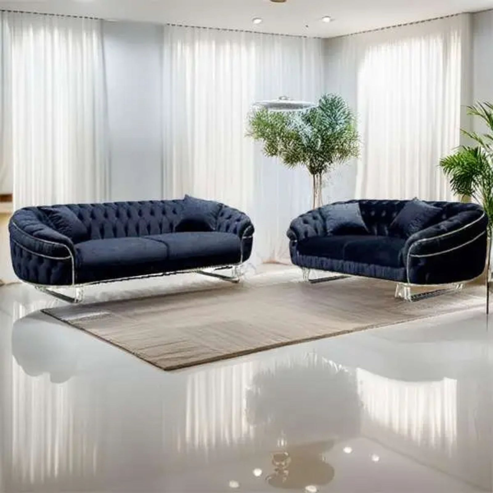 CHOICEWARDROBE Cammen 3+2 Plush Velvet Chesterfield Sofa Set in Navy – image 4