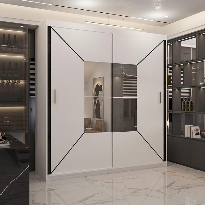 CHOICEWARDROBE Modern Double Sliding Wardrobe with LED Light W 203 x H 217 x D 62 in White – image 1