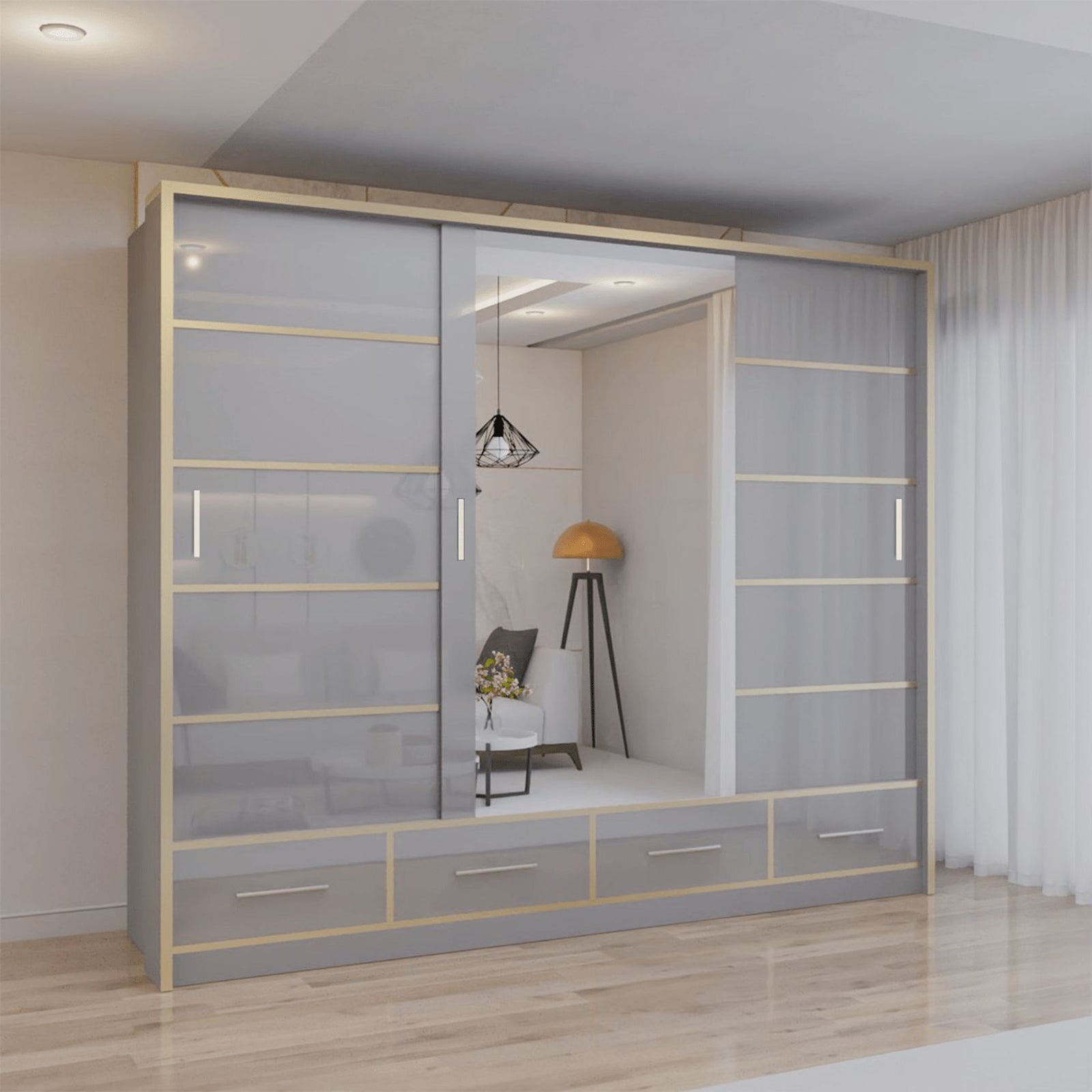 CHOICEWARDROBE Modern High Gloss Sliding Wardrobe with LED Light 253cm x 220cm in Grey – image 1