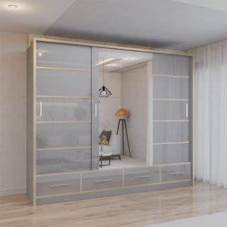 CHOICEWARDROBE Modern High Gloss Sliding Wardrobe with LED Light 253cm x 220cm in Grey – image 1