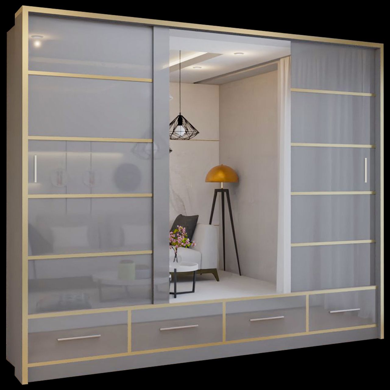 CHOICEWARDROBE Modern High Gloss Sliding Wardrobe with LED Light 253cm x 220cm in Grey – image 2