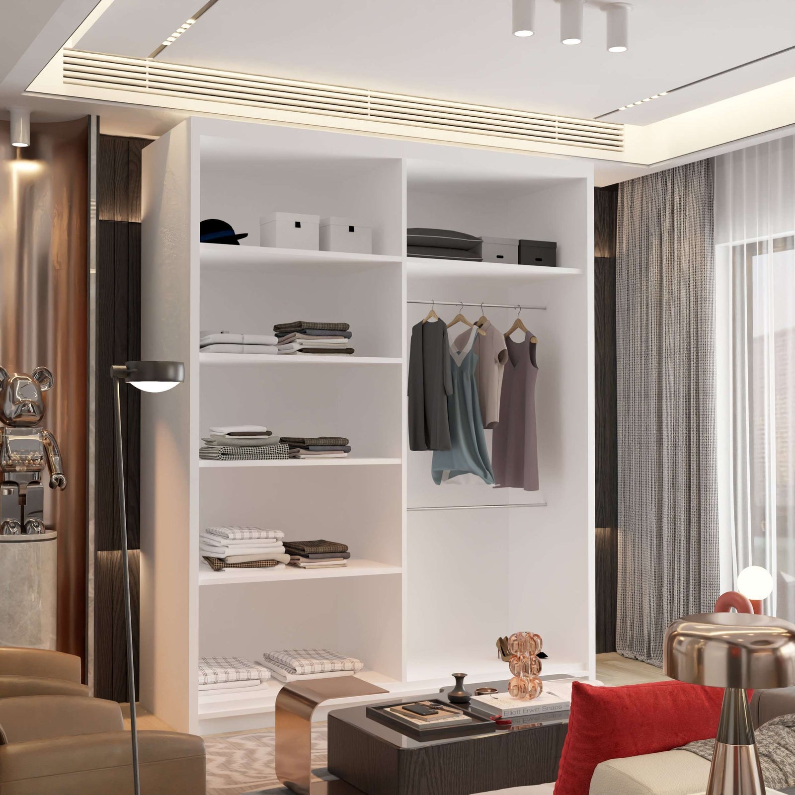 CHOICEWARDROBE Modern Double Sliding Wardrobe with LED Light W 150 x H 217 x D 62 in White – image 3