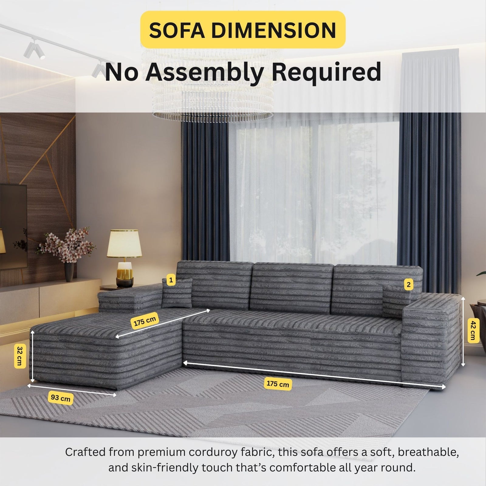 CHOICEWARDROBE Smart Left Corner Sofa – No Assembly Required in Grey – image 2
