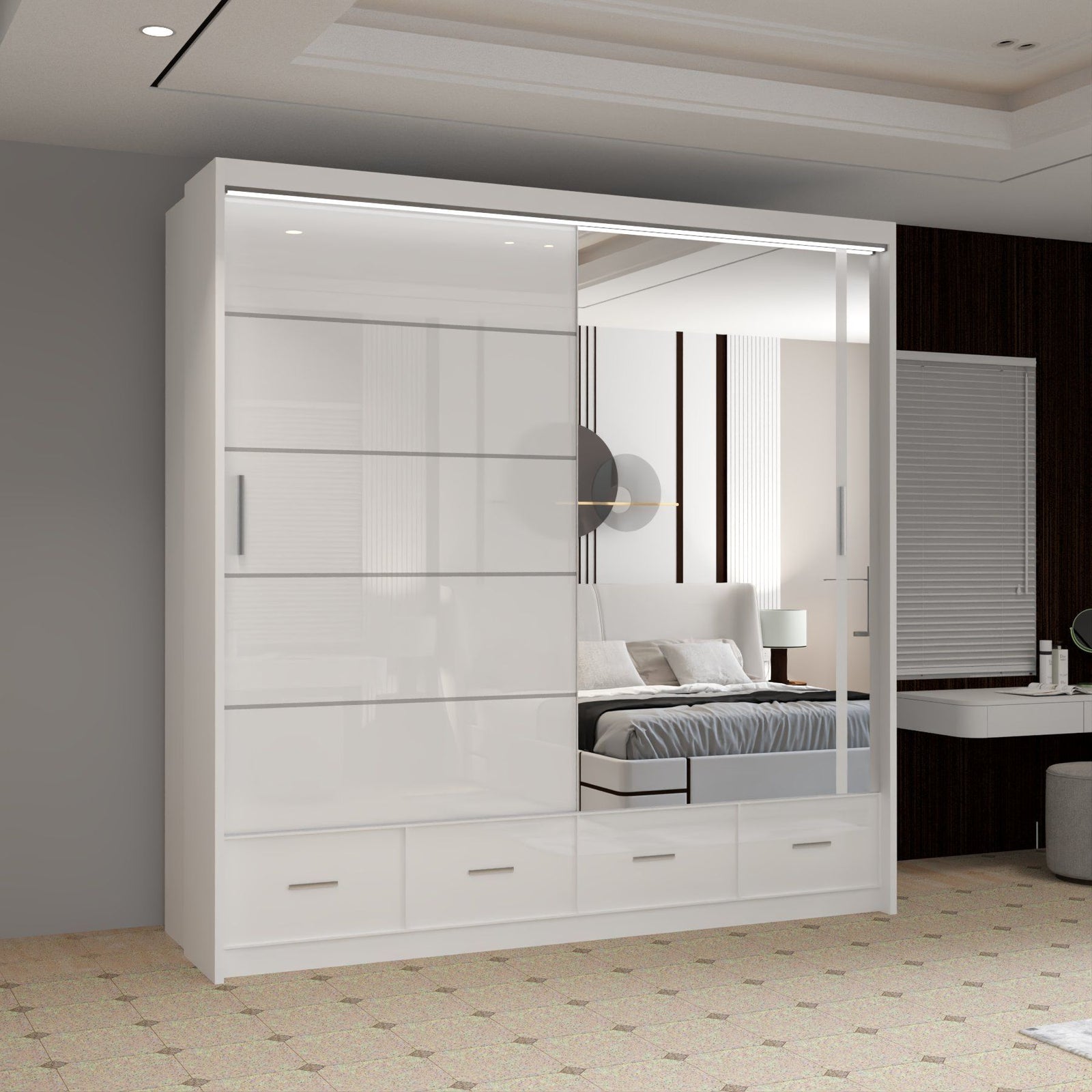 CHOICEWARDROBE Luxury High Gloss Sliding Wardrobe with LED Light W208cm x H220cm in White – image 1