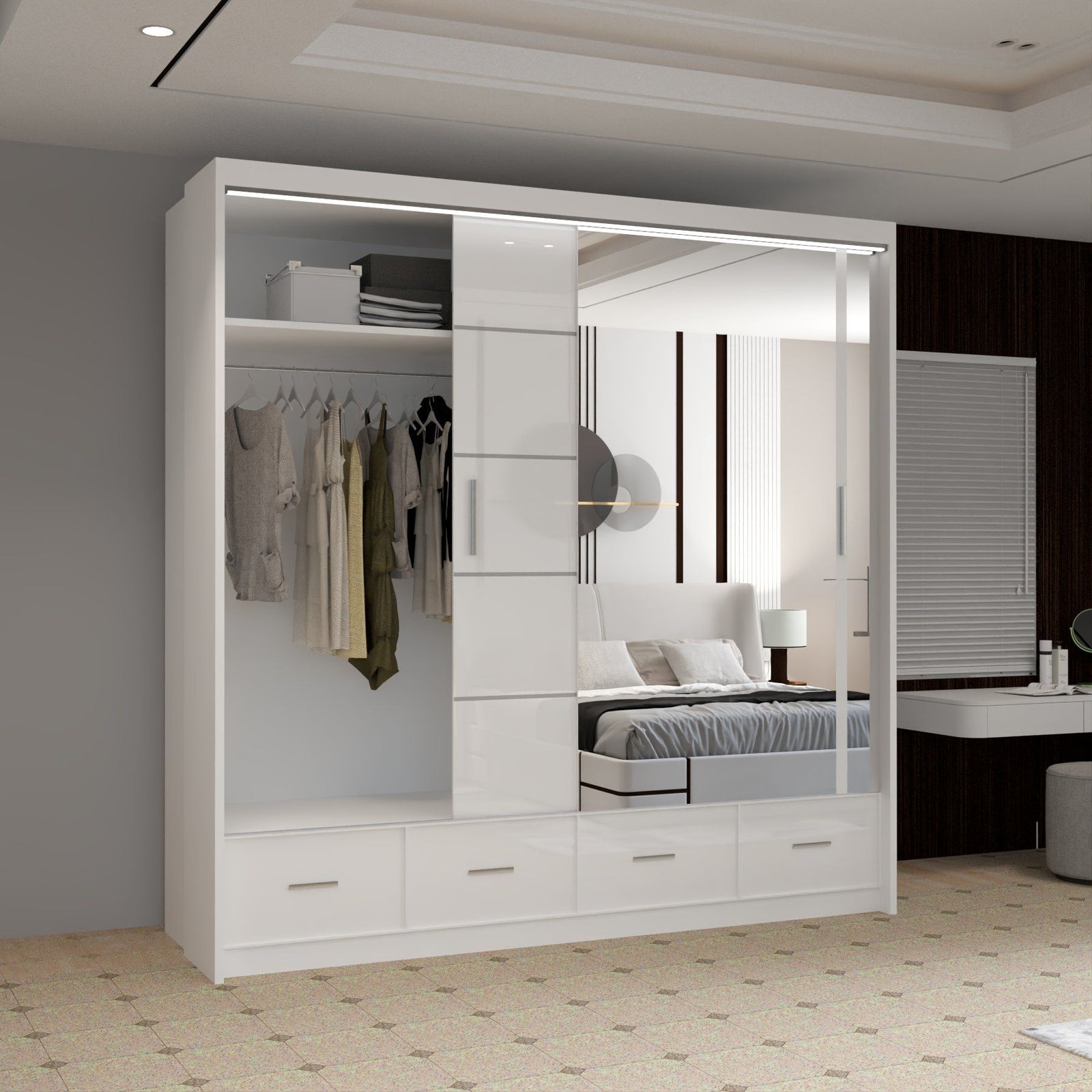 CHOICEWARDROBE Luxury High Gloss Sliding Wardrobe with LED Light W208cm x H220cm in White – image 3