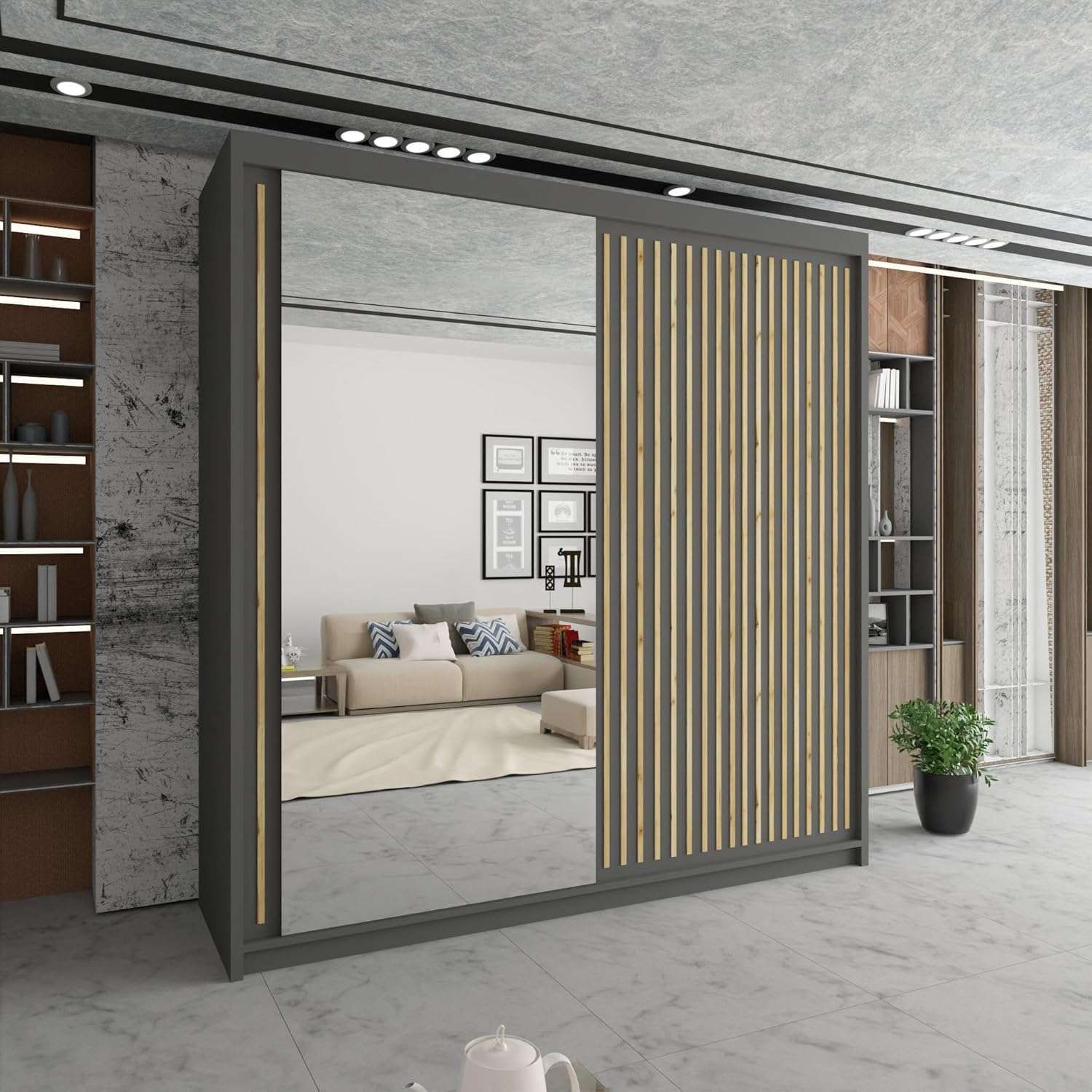 CHOICEWARDROBE Sleek Sliding Mirror Wardrobe with LED Various Sizes W150cm x H217cm in Grey – image 1