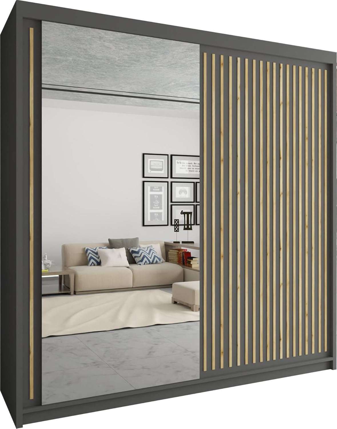 CHOICEWARDROBE Sleek Sliding Mirror Wardrobe with LED Various Sizes W150cm x H217cm in Grey – image 2