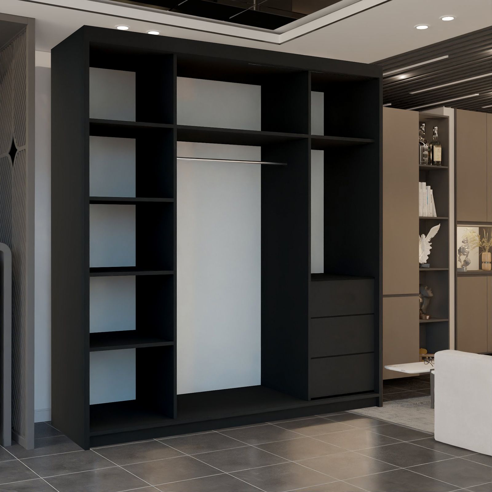 CHOICEWARDROBE Queen Double Full Mirror Sliding Door Wardrobe 200cm X 217cm in Black – image 3