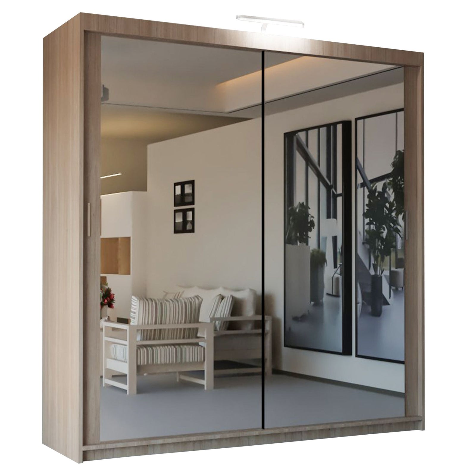 CHOICEWARDROBE Modern Mirror Sliding Wardrobe with Top LED Light W150cm x H217cm in Brown – image 3