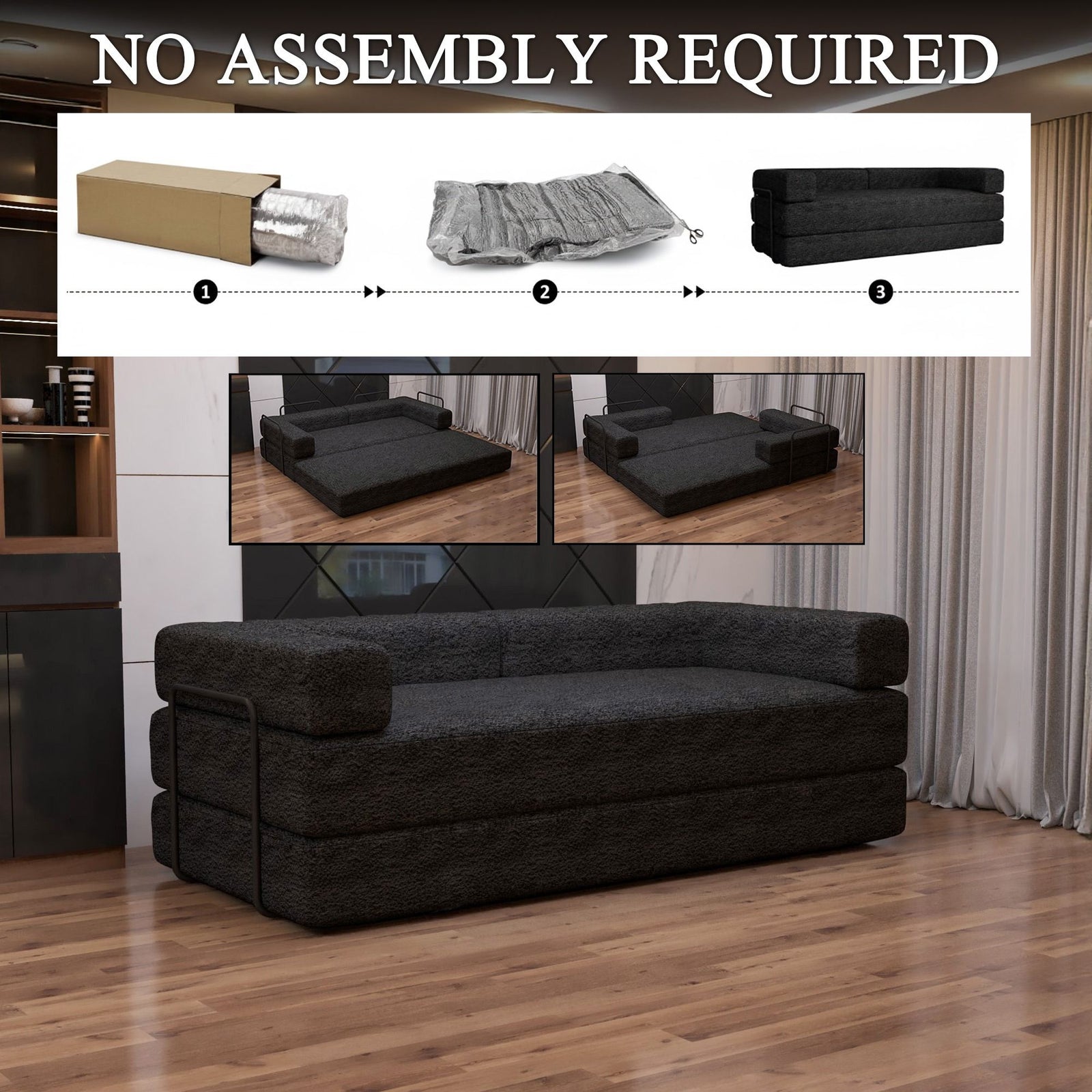 CHOICEWARDROBE Convertible Sofa Bed 3 Seater Sherpa Fabric Sofa in a Box in Black – image 1