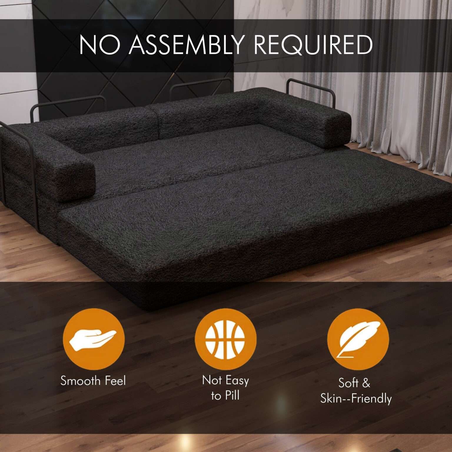 CHOICEWARDROBE Convertible Sofa Bed 3 Seater Sherpa Fabric Sofa in a Box in Black – image 2