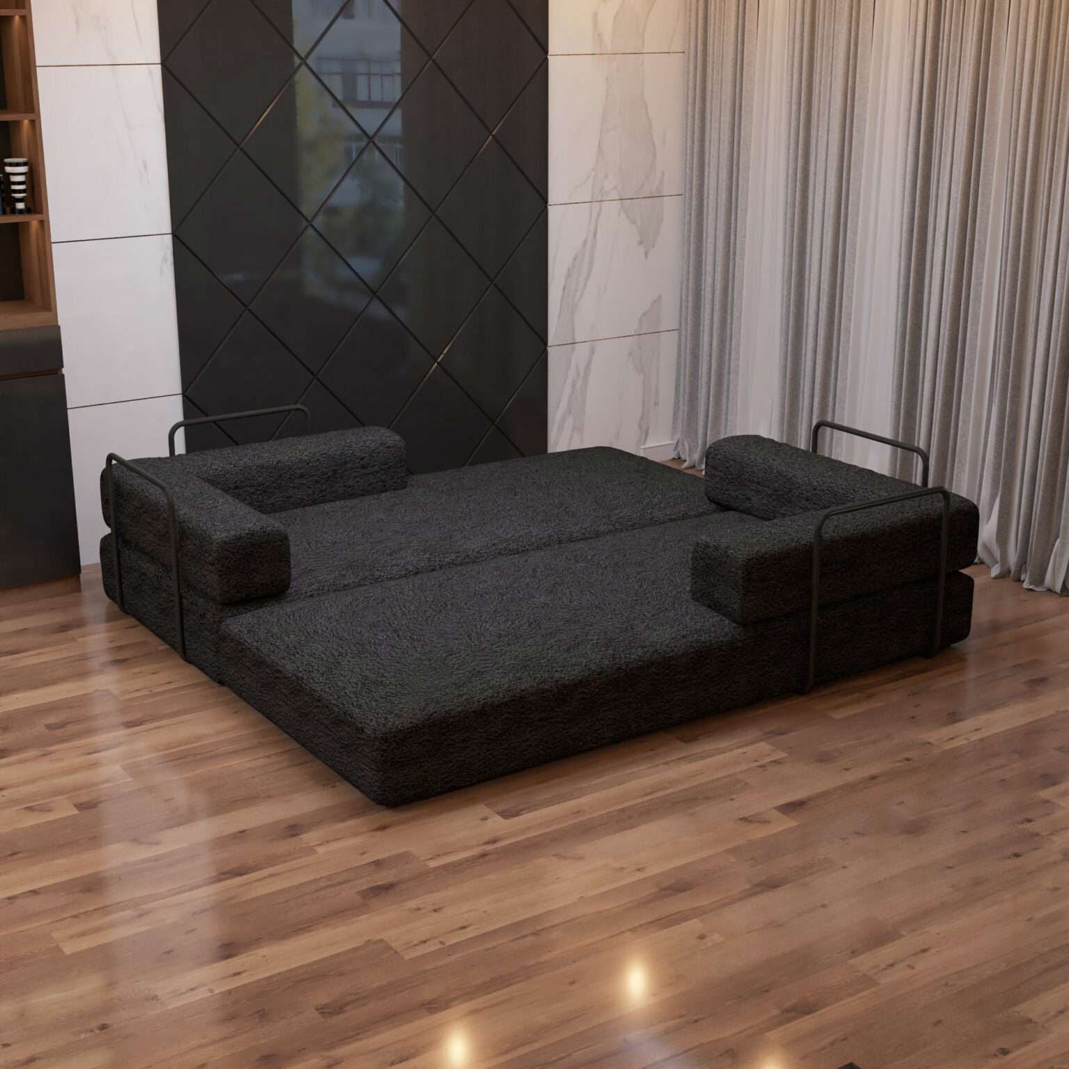 CHOICEWARDROBE Convertible Sofa Bed 3 Seater Sherpa Fabric Sofa in a Box in Black – image 3