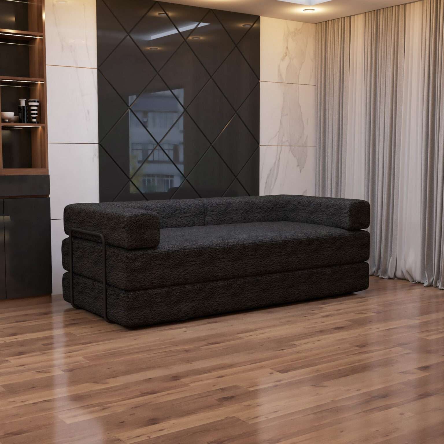 CHOICEWARDROBE Convertible Sofa Bed 3 Seater Sherpa Fabric Sofa in a Box in Black – image 4