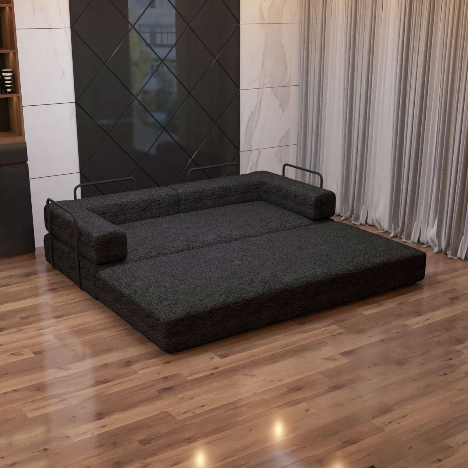 CHOICEWARDROBE Convertible Sofa Bed 3 Seater Sherpa Fabric Sofa in a Box in Black – image 5