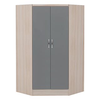 CHOICEWARDROBE Modara Grey High Gloss Corner Wardrobe – Light Oak Frame, Space-Saving Design – 143cm Wide