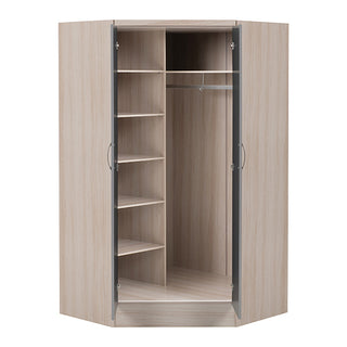 CHOICEWARDROBE Modara Grey High Gloss Corner Wardrobe – Light Oak Frame, Space-Saving Design – 143cm Wide