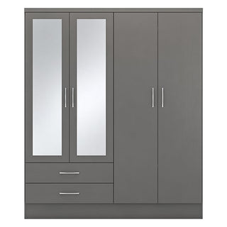 CHOICEWARDROBE Modara Grey 4 Door Mirrored Wardrobe – Modern Bedroom Storage with Drawers & Hanging Rail