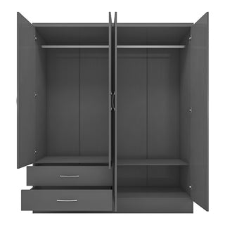 CHOICEWARDROBE Modara Grey 4 Door Mirrored Wardrobe – Modern Bedroom Storage with Drawers & Hanging Rail