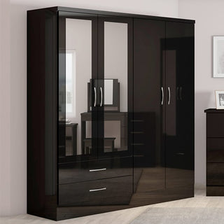 CHOICEWARDROBE Modara Black High Gloss 4 Door 2 Drawer Mirrored Wardrobe – Modern Bedroom Storage Unit