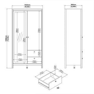 Macron Mirrored Wooden Wardrobe 2 Doors 2 Drawers In Black