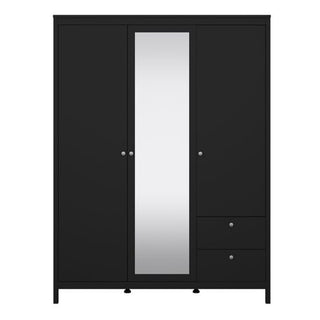 Macron Mirrored Wooden Wardrobe 3 Doors 2 Drawers In Black