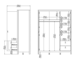 Macron Mirrored Wooden Wardrobe 3 Doors 2 Drawers In Black