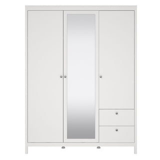 Macron Mirrored Wooden Wardrobe 3 Doors 2 Drawers In White