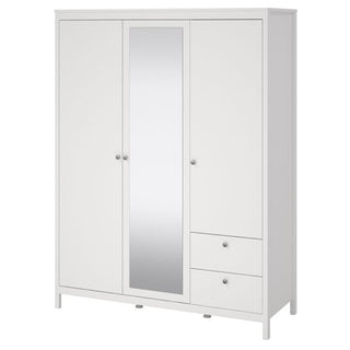 Macron Mirrored Wooden Wardrobe 3 Doors 2 Drawers In White