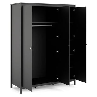 CHOICEWARDROBE Macron 150 cm Black Wooden 3 Door Wardrobe | Modern Triple Door Bedroom Wardrobe with Hanging Rail & Shelves