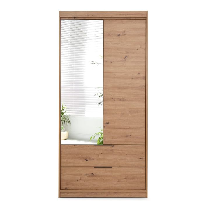 Majo 103cm 2-Door Mirrored Hinged Wardrobe with 2 Drawers in Medium Wood