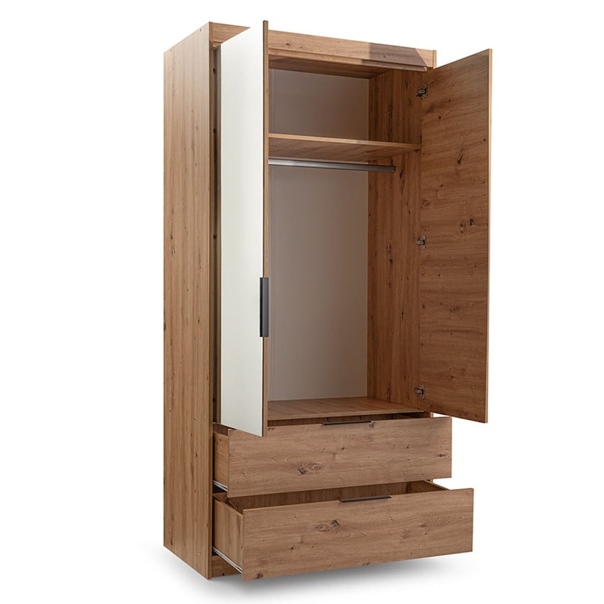 Majo 103cm 2-Door Mirrored Hinged Wardrobe with 2 Drawers in White – product detail